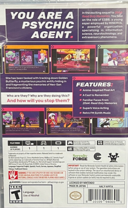 Read Only Memories Neurodiver Nintendo Switch for video game enthusiasts featuring narrative adventure gameplay cyberpunk storytelling futuristic investigation psychic abilities pixel art visuals immersive character interactions and collectible gaming appeal back cover