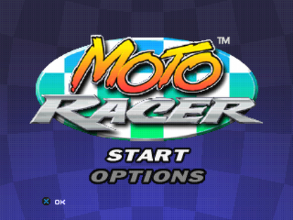 Moto Racer title card for PlayStation 1 (PS1) retro racing video game