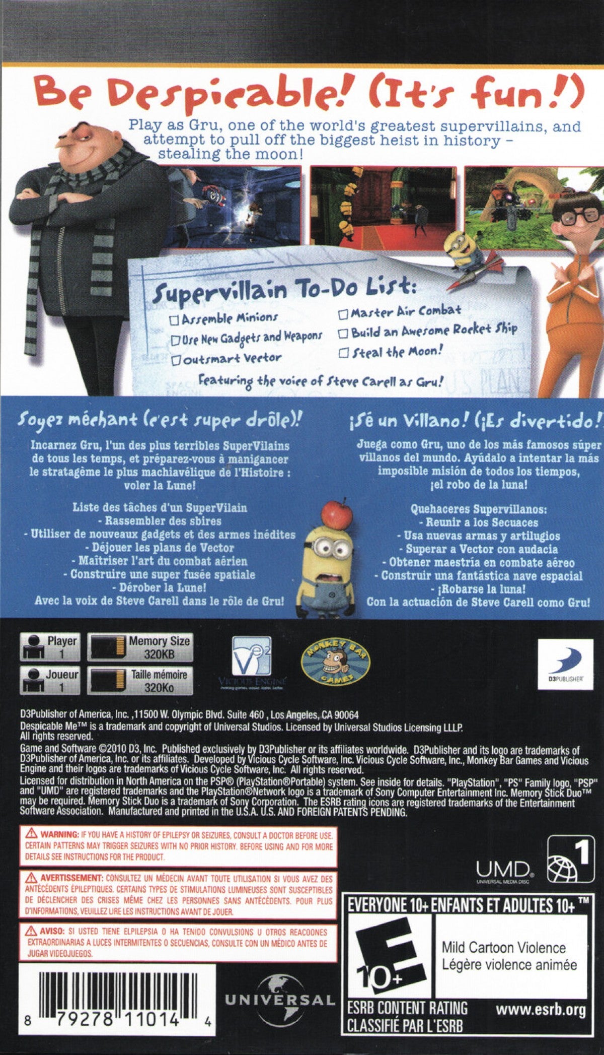 Despicable Me – PlayStation Portable (PSP) back of case for family-friendly platformer video game