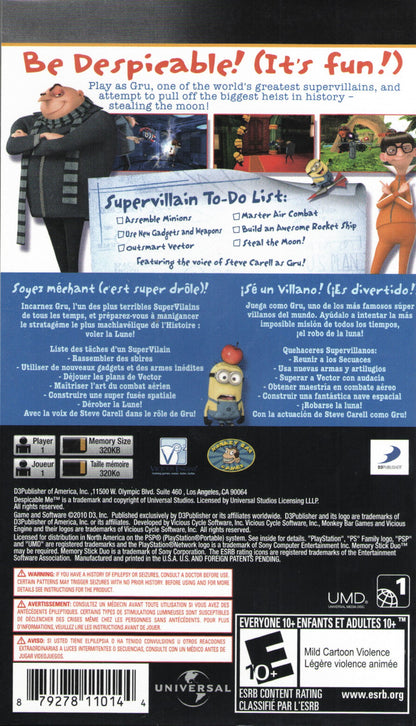 Despicable Me – PlayStation Portable (PSP) back of case for family-friendly platformer video game