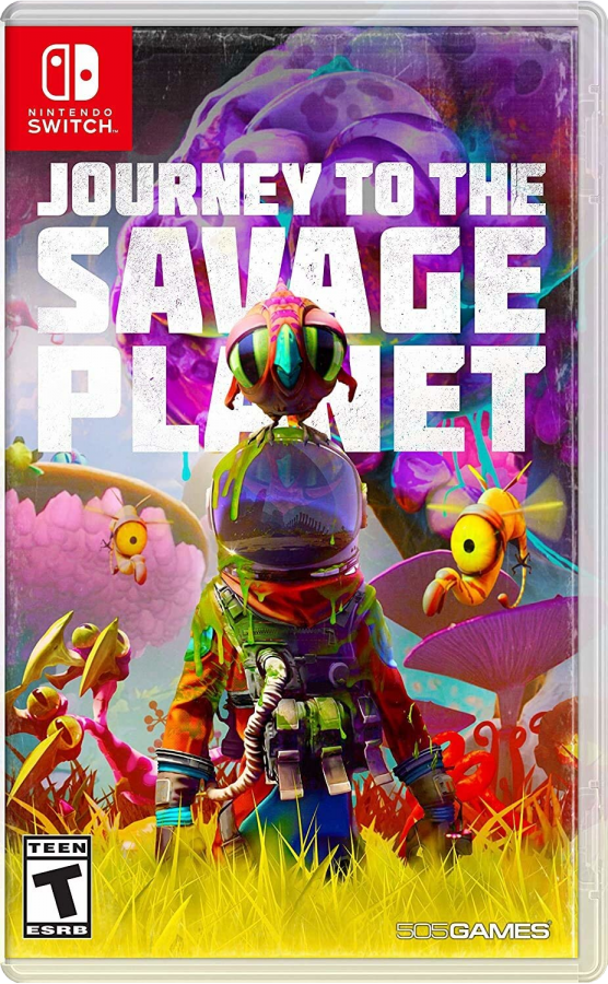 Journey to the Savage Planet Nintendo Switch inspired design featuring colorful sci fi exploration adventure aesthetic alien world discovery quirky humor cooperative gameplay exotic creatures vibrant environments first person action and survival presentation front cover