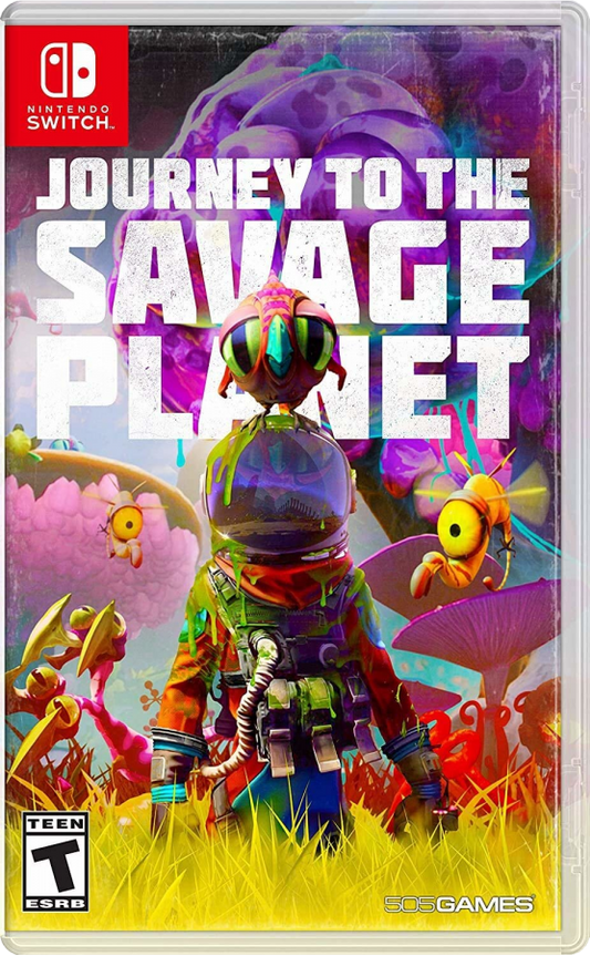 Journey to the Savage Planet Nintendo Switch inspired design featuring colorful sci fi exploration adventure aesthetic alien world discovery quirky humor cooperative gameplay exotic creatures vibrant environments first person action and survival presentation front cover