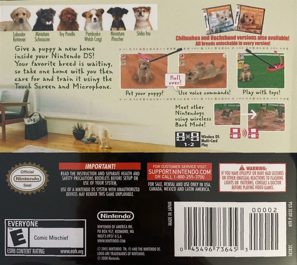 Nintendogs Lab and Friends Nintendo DS video game, pet simulation, virtual dog care and training, family-friendly handheld console title back cover