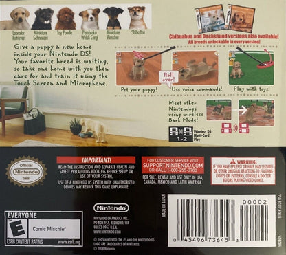 Nintendogs Lab and Friends Nintendo DS video game, pet simulation, virtual dog care and training, family-friendly handheld console title back cover