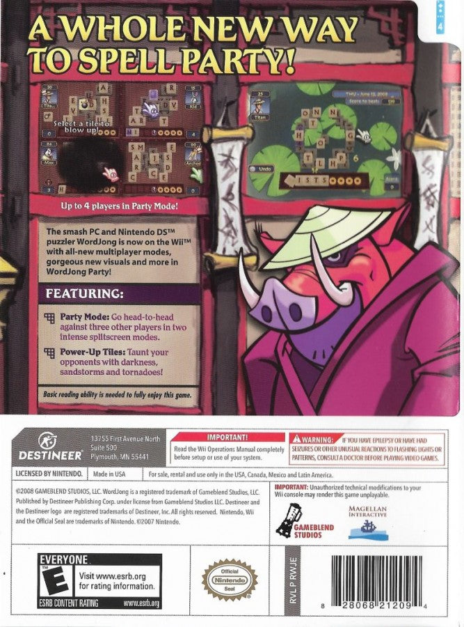 WordJong Party Wii inspired design featuring word puzzle and tile matching gameplay aesthetic casual family friendly challenges strategic vocabulary building colorful party game atmosphere relaxing brain training entertainment nostalgic Nintendo Wii presentation back cover art