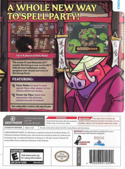 WordJong Party Wii inspired design featuring word puzzle and tile matching gameplay aesthetic casual family friendly challenges strategic vocabulary building colorful party game atmosphere relaxing brain training entertainment nostalgic Nintendo Wii presentation back cover art