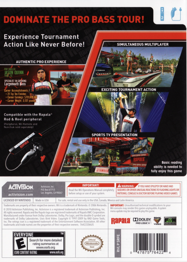 Rapala Pro Bass Fishing – Nintendo Wii (Wii) fishing simulation sports video game back of case