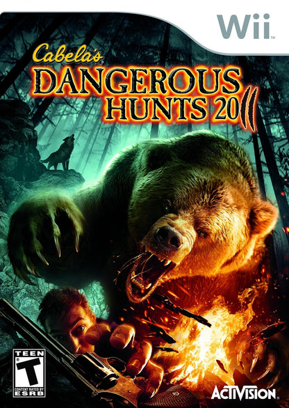Cabela’s Dangerous Hunts 2011 for Wii action adventure hunting video game featuring wild predator encounters realistic outdoor environments motion controlled shooting gameplay and thrilling sportsman experience front cover 