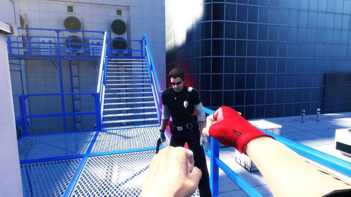 Mirrors Edge Xbox 360 video game featuring first person parkour gameplay fluid free running combat futuristic city environments and critically acclaimed EA action adventure title gameplay