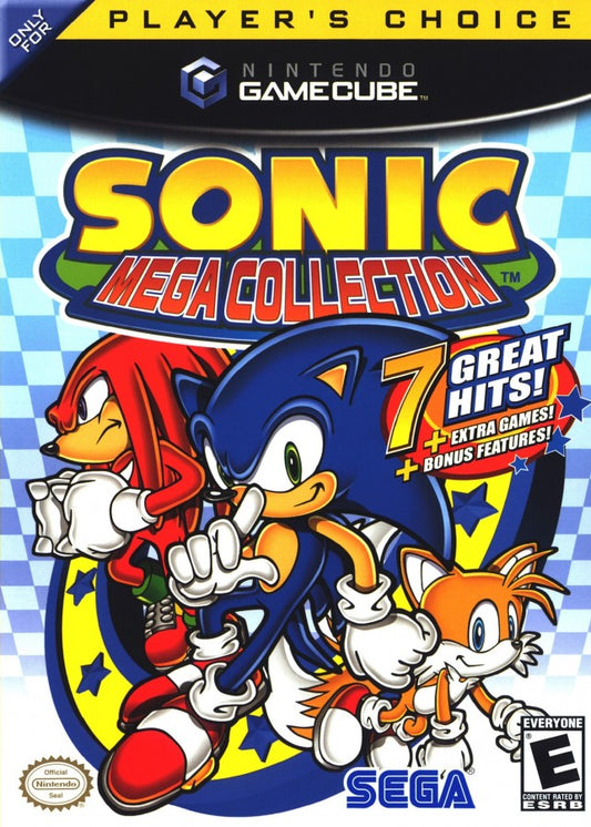 Sonic Mega Collection Players Choice GameCube Nintendo GameCube compilation classic Sonic the Hedgehog games retro platformer Sega Genesis titles Sonic 1 Sonic 2 Sonic 3 Sonic and Knuckles bonus content arcade platforming fast paced action Players Choice edition GameCube software video game title cover art