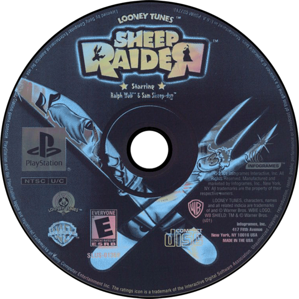 Sheep Raider game for the PlayStation featuring stealth puzzle gameplay as Ralph Wolf sneaks past Sam Sheepdog using gadgets disguises and environmental puzzles to capture sheep in a Looney Tunes themed setting disc 