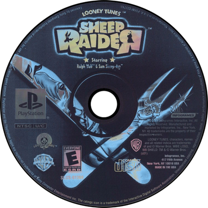 Sheep Raider game for the PlayStation featuring stealth puzzle gameplay as Ralph Wolf sneaks past Sam Sheepdog using gadgets disguises and environmental puzzles to capture sheep in a Looney Tunes themed setting disc 