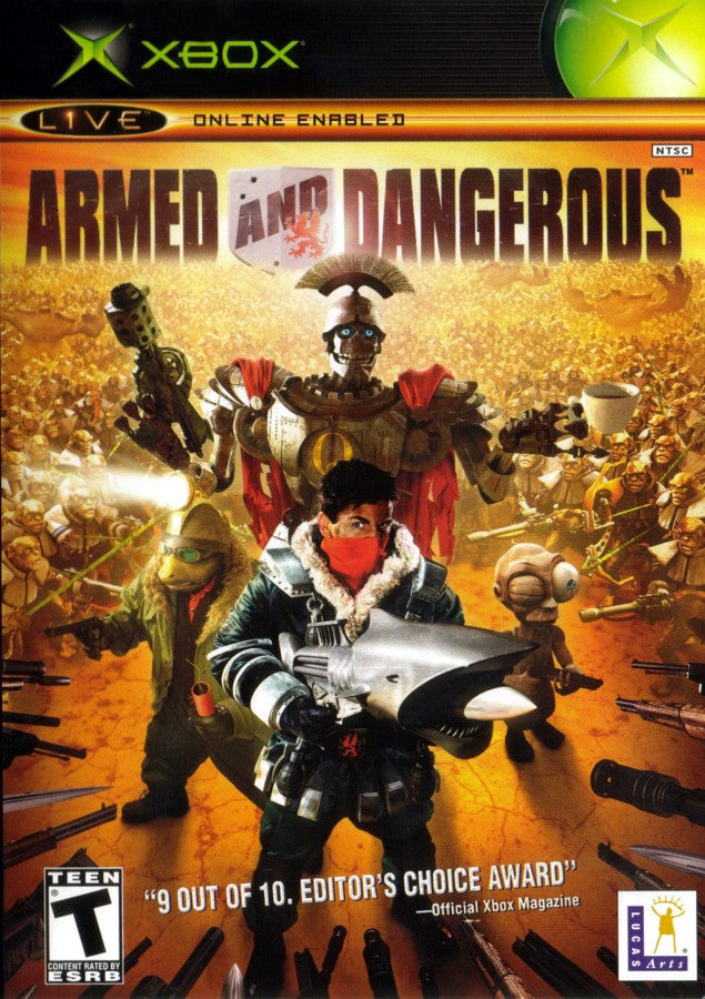 Armed and Dangerous retro Xbox video game Armed and Dangerous action shooter third person combat explosive weapons over the top humor story driven campaign console title Xbox release title screen