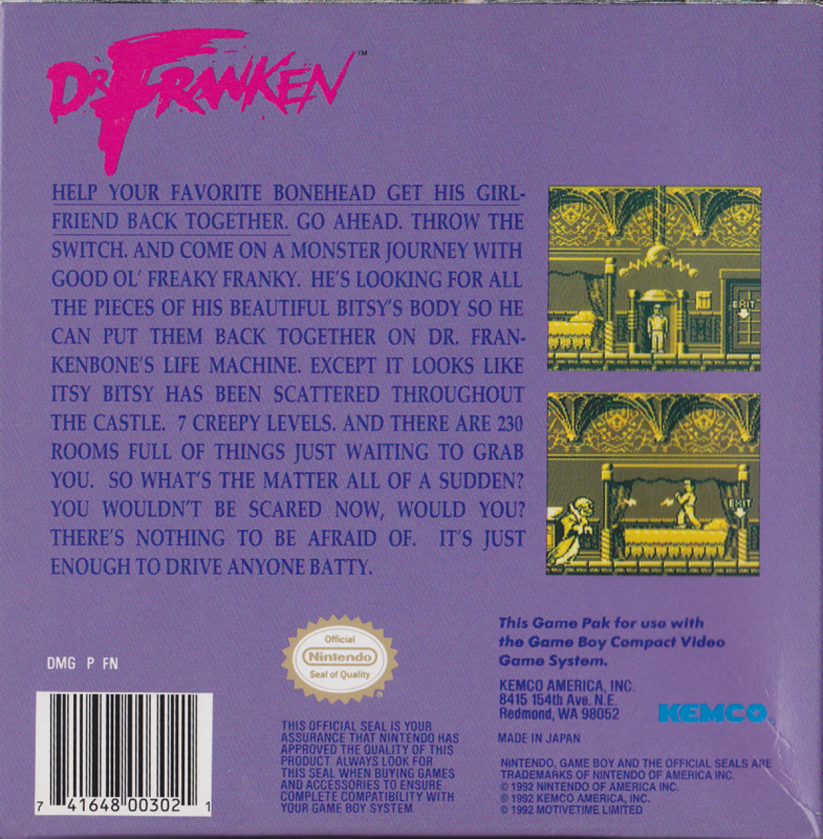 Dr. Franken Game Boy video game, action platformer, classic handheld gameplay, retro Nintendo Game Boy title back cover art