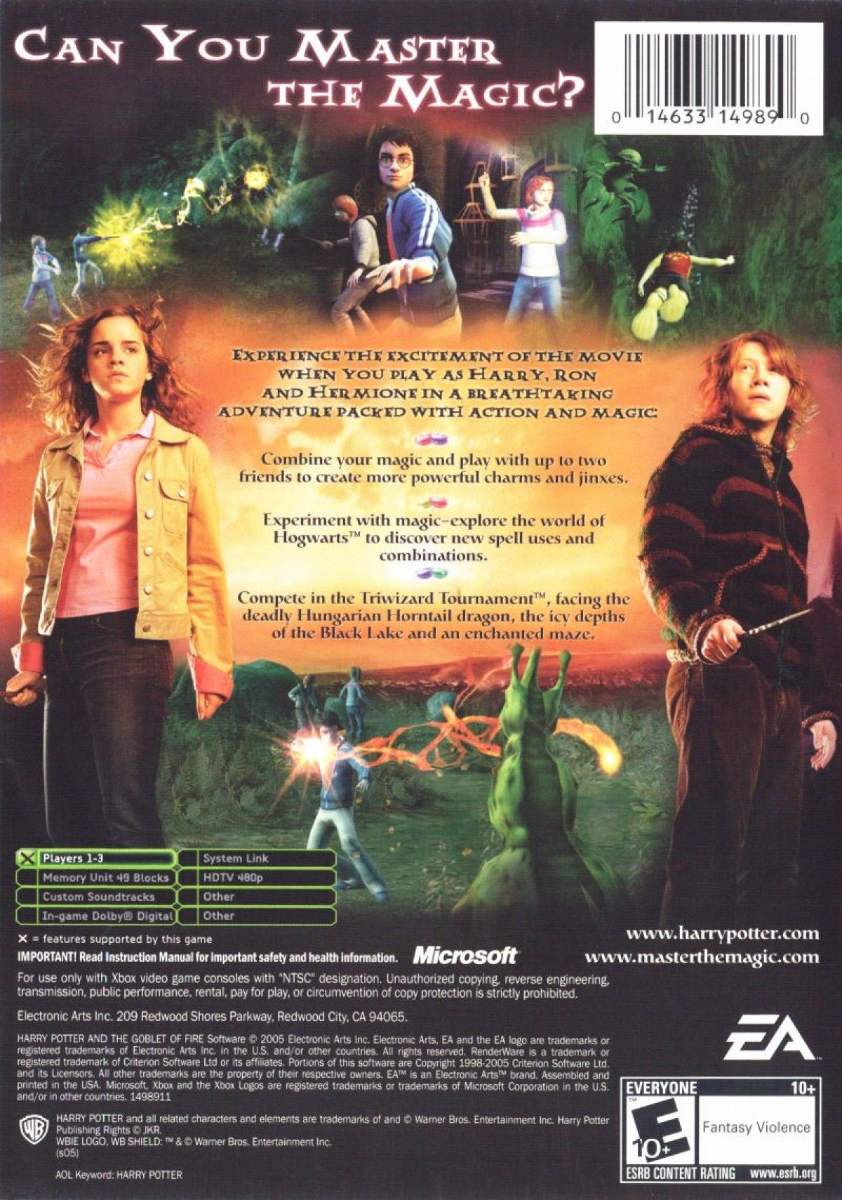 Harry Potter and the Goblet of Fire Xbox action-adventure video game based on the fourth film Triwizard Tournament Harry Ron Hermione cooperative gameplay dragon challenge Black Lake maze graveyard Voldemort duel spell casting character switching puzzle solving EA Games movie license multiplayer support back cover