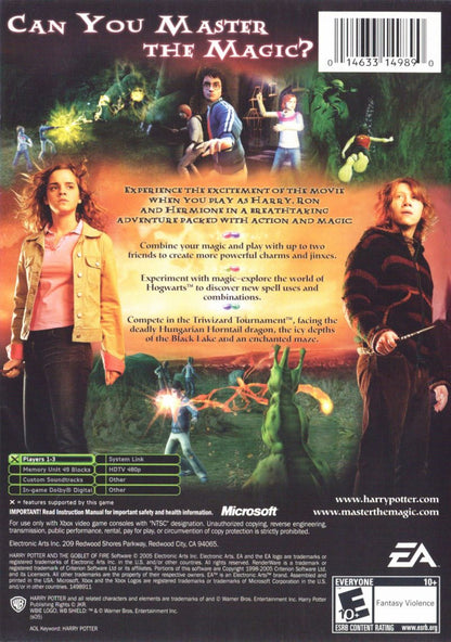Harry Potter and the Goblet of Fire Xbox action-adventure video game based on the fourth film Triwizard Tournament Harry Ron Hermione cooperative gameplay dragon challenge Black Lake maze graveyard Voldemort duel spell casting character switching puzzle solving EA Games movie license multiplayer support back cover