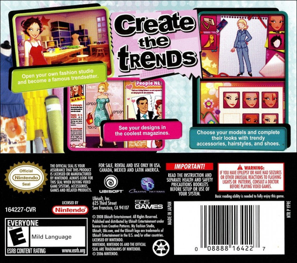My Fashion Studio Nintendo DS NDS fashion design simulation video game featuring clothing design styling outfits fashion shows creative customization makeup accessories models and interactive Nintendo DS touchscreen gameplay collectible gaming appeal back cover art