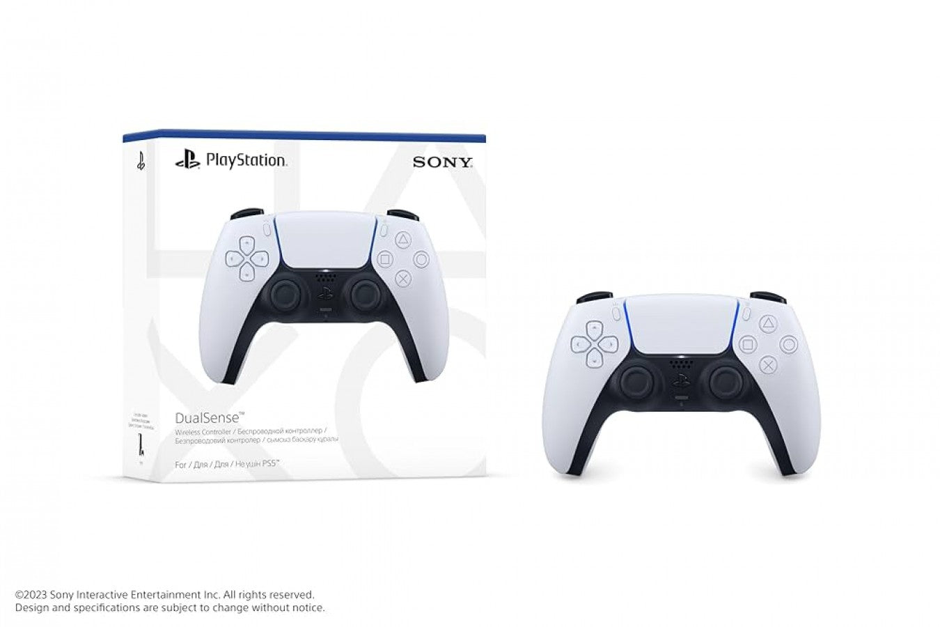 New white Sony DualSense wireless controller for PlayStation 5 featuring adaptive triggers, haptic feedback, touchpad, and ergonomic design