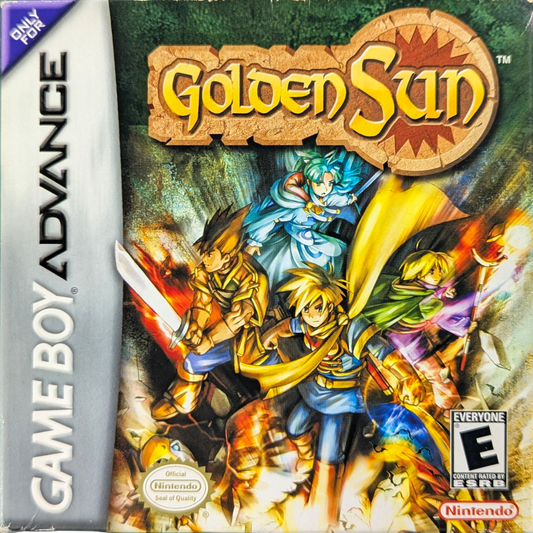 Golden Sun [CIB] for Game Boy Advance (GBA) featuring a classic turn-based RPG where you wield elemental Psynergy to solve puzzles and battle across a richly detailed world; customize your party with Djinn summons and uncover an epic story in this complete-in-box handheld favorite front cover