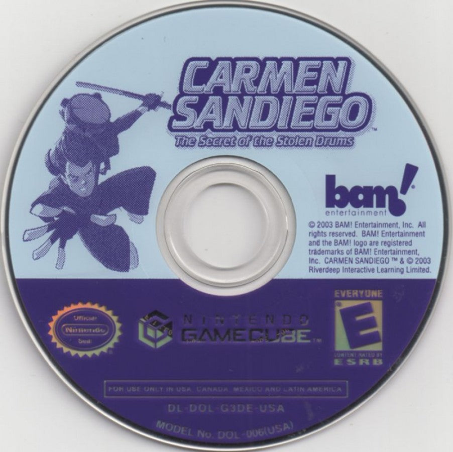 Carmen Sandiego: The Secret of the Stolen Drums disc for GameCube (GC) educational adventure video game