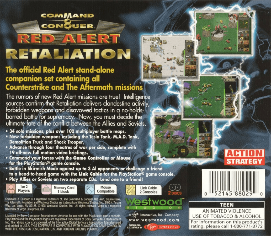 Command and Conquer: Red Alert - Retaliation back of box for PlayStation 1 (PS1) retro video game