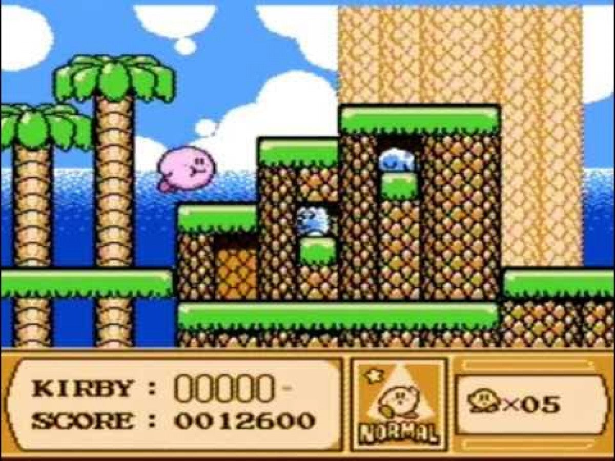Kirby's Adventure cartridge for the Nintendo Entertainment System featuring Kirby in a colorful 8 bit side scrolling platformer with copy abilities and dream world exploration gameplay