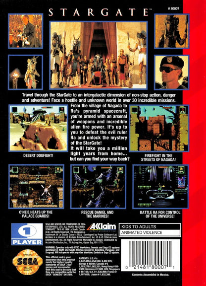 Stargate Sega Genesis video game, action platformer, sci-fi adventure, movie tie-in gameplay, retro Sega console title back cover