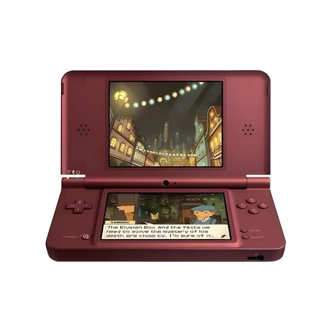 Nintendo DSi XL Burgundy Wine Scratch and Scuff handheld gaming console featuring large dual screens enhanced display stylus touchscreen controls built in cameras wireless connectivity Nintendo DS game compatibility DSi software support burgundy wine finish portable gaming design pre owned condition with cosmetic wear classic Nintendo handheld hardware retro gaming collection collectible console appeal screen on