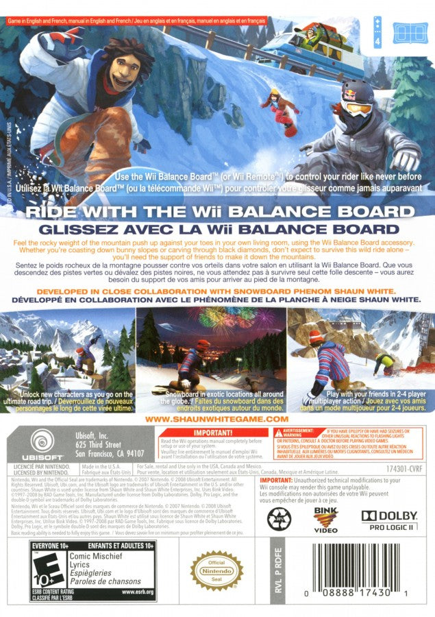 Shaun White Snowboarding: Road Trip – Nintendo Wii (Wii) snowboarding action sports video game back of case