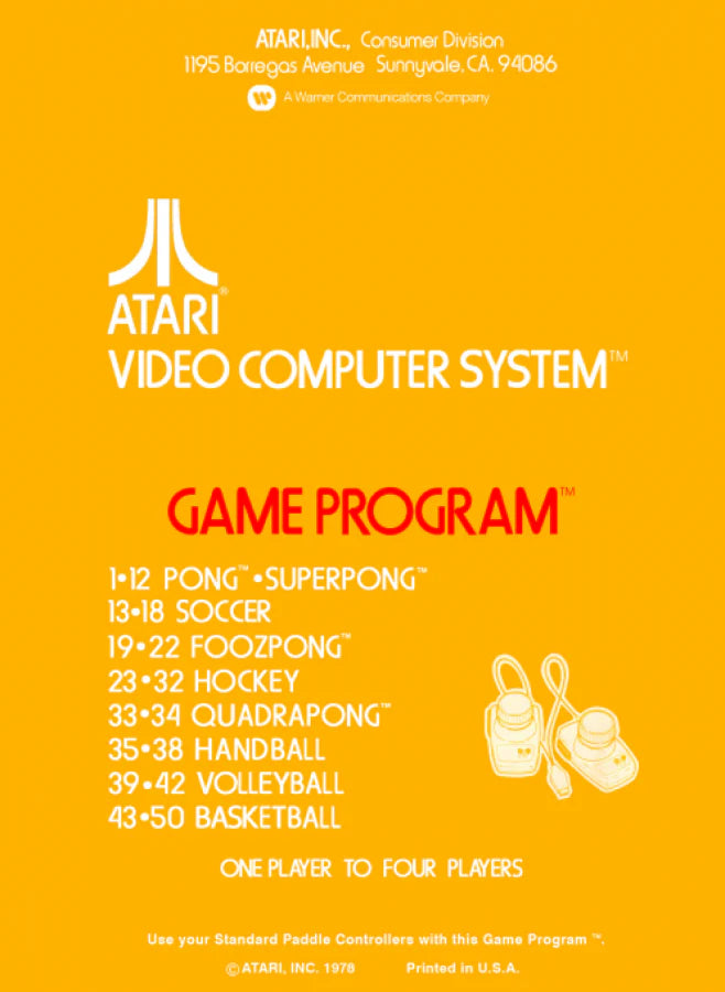 Video Olympics Text Label for Atari 2600, back of case for a sports arcade video game with Pong-style gameplay, paddle controls, multiplayer modes, and classic bat-and-ball competition
