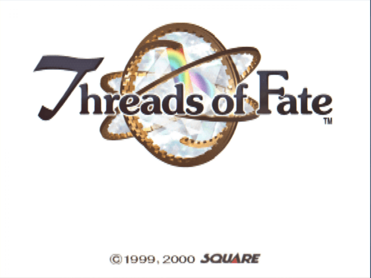 Threads of Fate Sony PlayStation PS1 video game featuring action role playing gameplay Rue and Mint characters fantasy adventure real time combat magical abilities character transformations exploration quests and classic 32 bit PlayStation gameplay retro video game collection collectible gaming appeal title screen