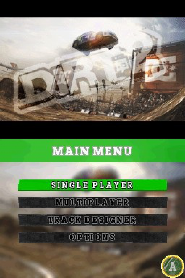 Dirt 2 for Nintendo DS with off-road racing and rally challenge theme main menu
