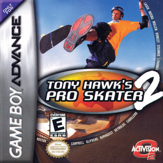 Tony Hawk's Pro Skater 2 game for the Game Boy Advance featuring skateboarding gameplay with isometric perspective trick combos career mode objectives and multiple skaters across condensed versions of classic levels adapted from the console release cover art