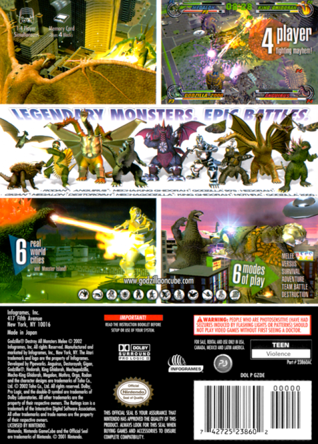 Godzilla: Destroy All Monsters Melee back of case for GameCube (GC) fighting action video game