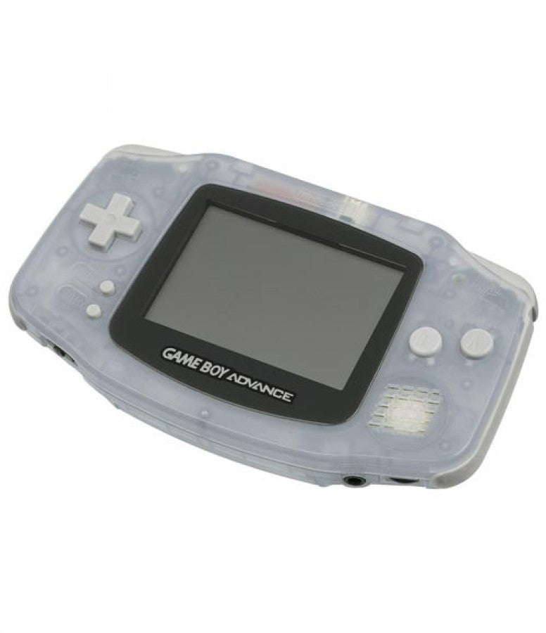 Game Boy Advance GBA handheld console Glacier color, portable Nintendo system, retro gaming device, good condition diagonal promotional shot