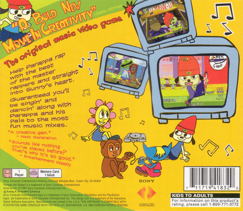PaRappa the Rapper PlayStation 1 rhythm music video game unique 2D paper cut-out art style rapping action follow-the-leader gameplay Chop Chop Master Onion lessons catchy songs NanaOn-Sha Sony classic back cover art