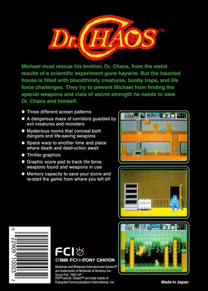 Dr Chaos Nintendo Entertainment System NES action adventure video game featuring Dr Chaos exploration mysterious environments platforming combat monsters weapons puzzles challenging stages and classic Nintendo Entertainment System NES gameplay collectible retro gaming appeal back cover art
