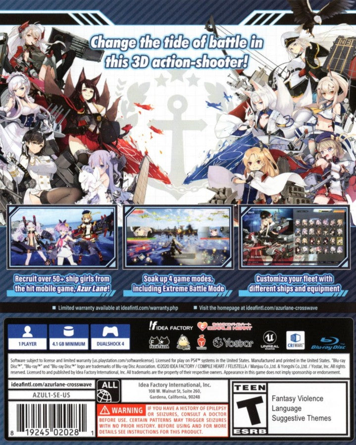 Azur Lane: Crosswave [Collector's Edition] PlayStation 4 (PS4) video game back of case 3D naval action RPG