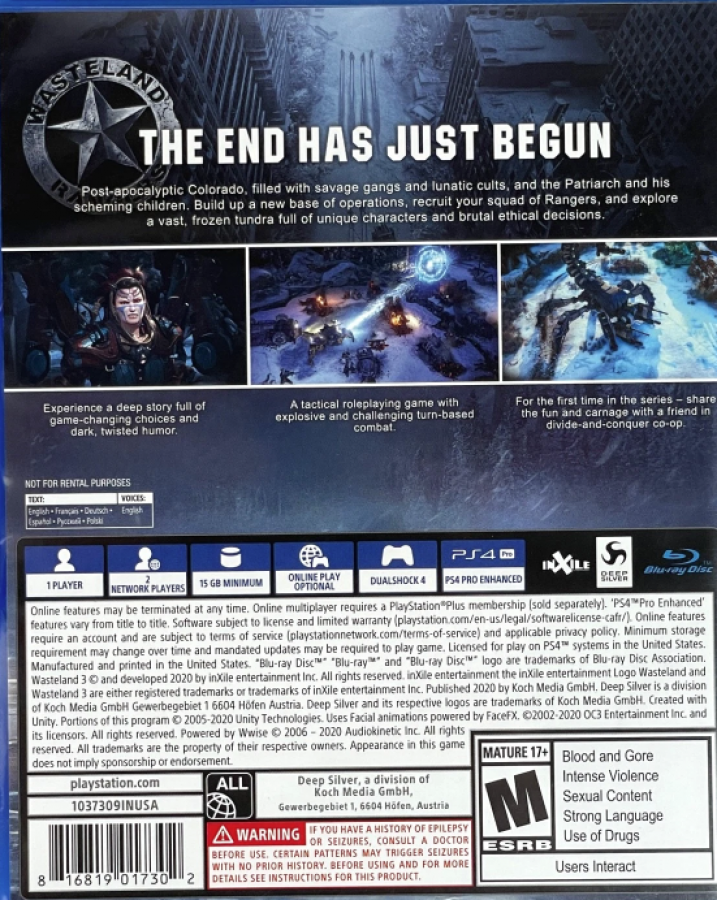 Wasteland 3 – PlayStation 4 (PS4) video game back of case, tactical role-playing game.