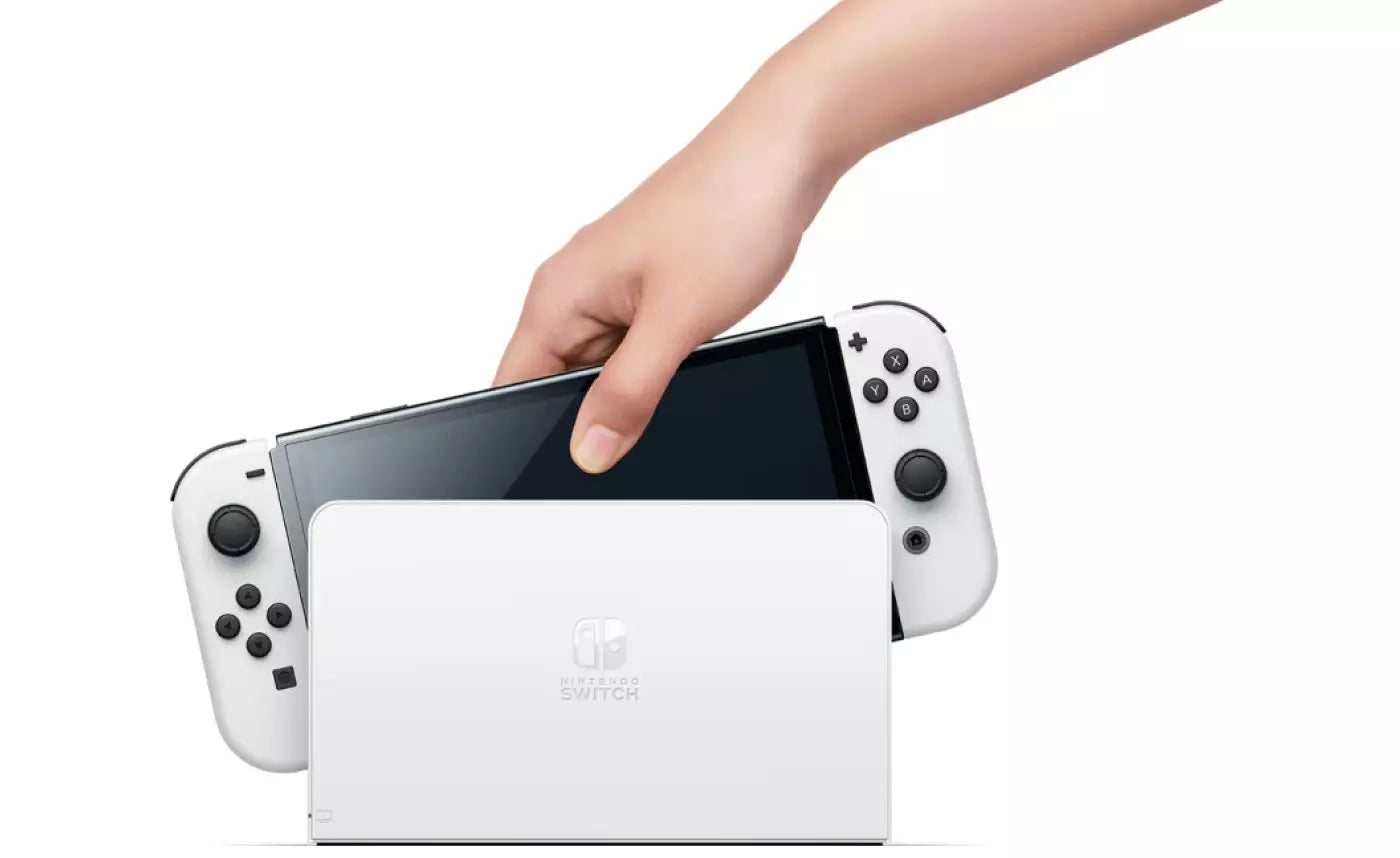 White OLED Nintendo Switch handheld video game console.