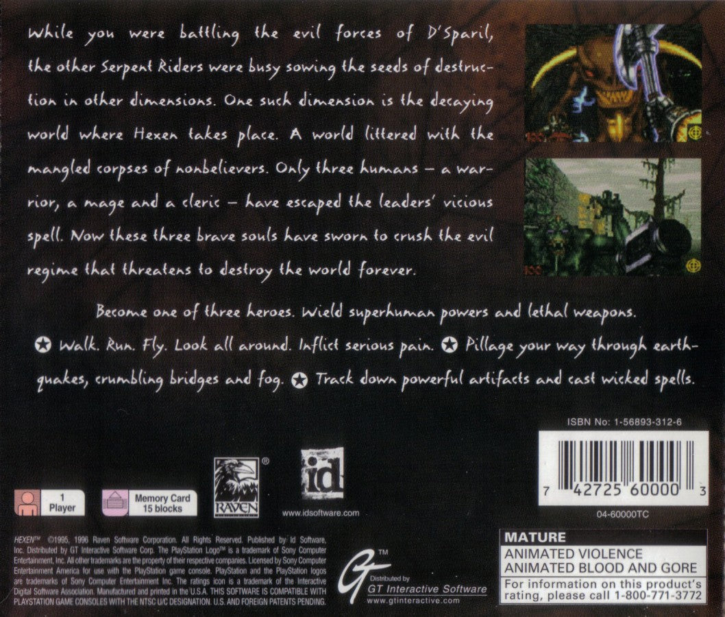 Hexen PlayStation PS1 for dark fantasy first person shooter video game fans featuring medieval combat powerful magic weapons dungeon exploration demonic enemies atmospheric environments challenging levels intense action gothic fantasy gameplay classic console FPS collectible gaming appeal back cover art