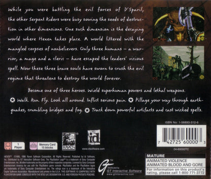 Hexen PlayStation PS1 for dark fantasy first person shooter video game fans featuring medieval combat powerful magic weapons dungeon exploration demonic enemies atmospheric environments challenging levels intense action gothic fantasy gameplay classic console FPS collectible gaming appeal back cover art