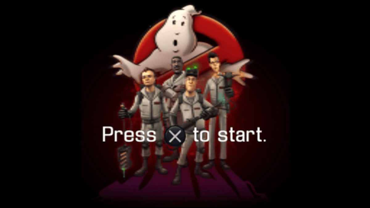 Ghostbusters: The Video Game for PlayStation Portable (PSP) at Gamers INC, featuring an original story penned by the film's creators that casts you as a new recruit alongside the original crew, bringing the proton-streaming, ghost-trapping action to a handheld format with unique stylized graphics and intense paranormal encounters as you save New York City from a new supernatural outbreak main menu title screen