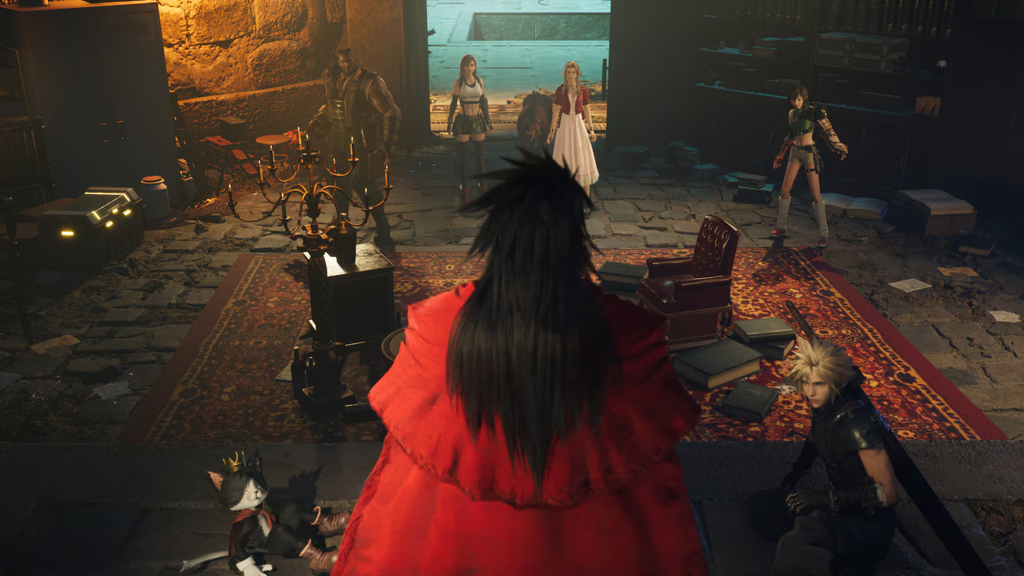 Final Fantasy VII Rebirth Deluxe Edition for PlayStation 5 action RPG featuring Cloud and party exploring the world of Gaia real time combat expanded story and bonus collectible content gameplay