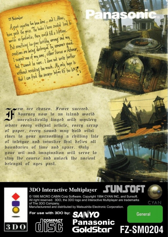 Myst back of case for Panasonic 3DO (3DO) graphic adventure puzzle video game