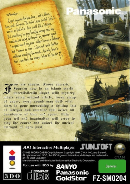 Myst back of case for Panasonic 3DO (3DO) graphic adventure puzzle video game