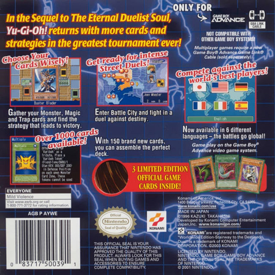 Yu-Gi-Oh Worldwide Edition Stairway to the Destined Duel for Game Boy Advance, back of case for a retro video game featuring strategy card battles, deck-building gameplay, turn-based duels, collectible cards, and anime-inspired competition