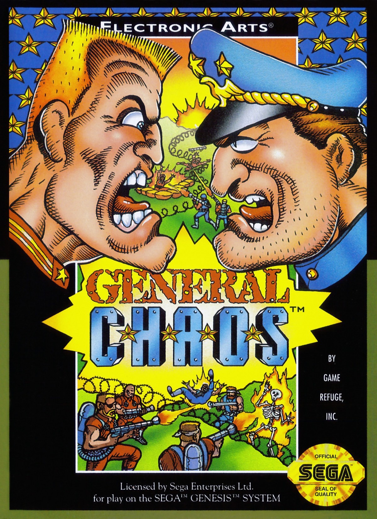 General Chaos Sega Genesis GEN for retro video game enthusiasts featuring real time strategy action gameplay squad based military combat tactical battlefield missions multiplayer competition humorous war themed action and collectible gaming appeal front cover