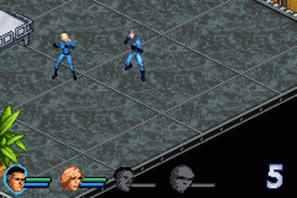 Fantastic 4 for Game Boy Advance (GBA), gameplay for a retro video game featuring action beat-em-up gameplay, superhero combat, character-based abilities, side-scrolling missions, and comic-inspired adventure