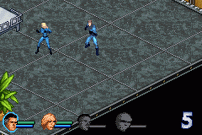 Fantastic 4 for Game Boy Advance (GBA), gameplay for a retro video game featuring action beat-em-up gameplay, superhero combat, character-based abilities, side-scrolling missions, and comic-inspired adventure